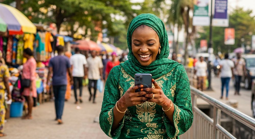 Smiling woman in traditional attire checking her phone at a busy street market
